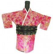 Kimono Wine Bottle Cover Japanese Woman Attire Black Pink Butterfly