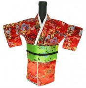 Kimono Wine Bottle Cover Japanese Woman Attire Green Red Floral