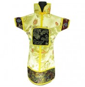 GuanFu Men Attire Wine Bottle Cover Black Yellow Lily