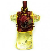 Men Kaisan Wine Bottle Cover Chinese Men Attire Burgundy Longevity Yellow Peony
