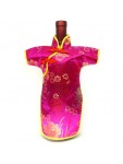 Qipao Wine Bottle Cover Chinese Woman Attire Hot Pink Longevity