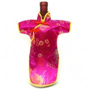 Qipao Wine Bottle Cover Chinese Woman Attire Hot Pink Longevity
