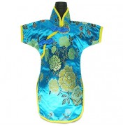 Qipao Wine Bottle Cover Chinese Woman Attire Turquoise Peony 
